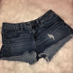 PINK dark wash distressed denim shorts
